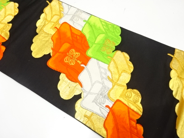 JAPANESE KIMONO / ANTIQUE FUKURO OBI / SILK / WOVEN CARRIAGE & CLOUD